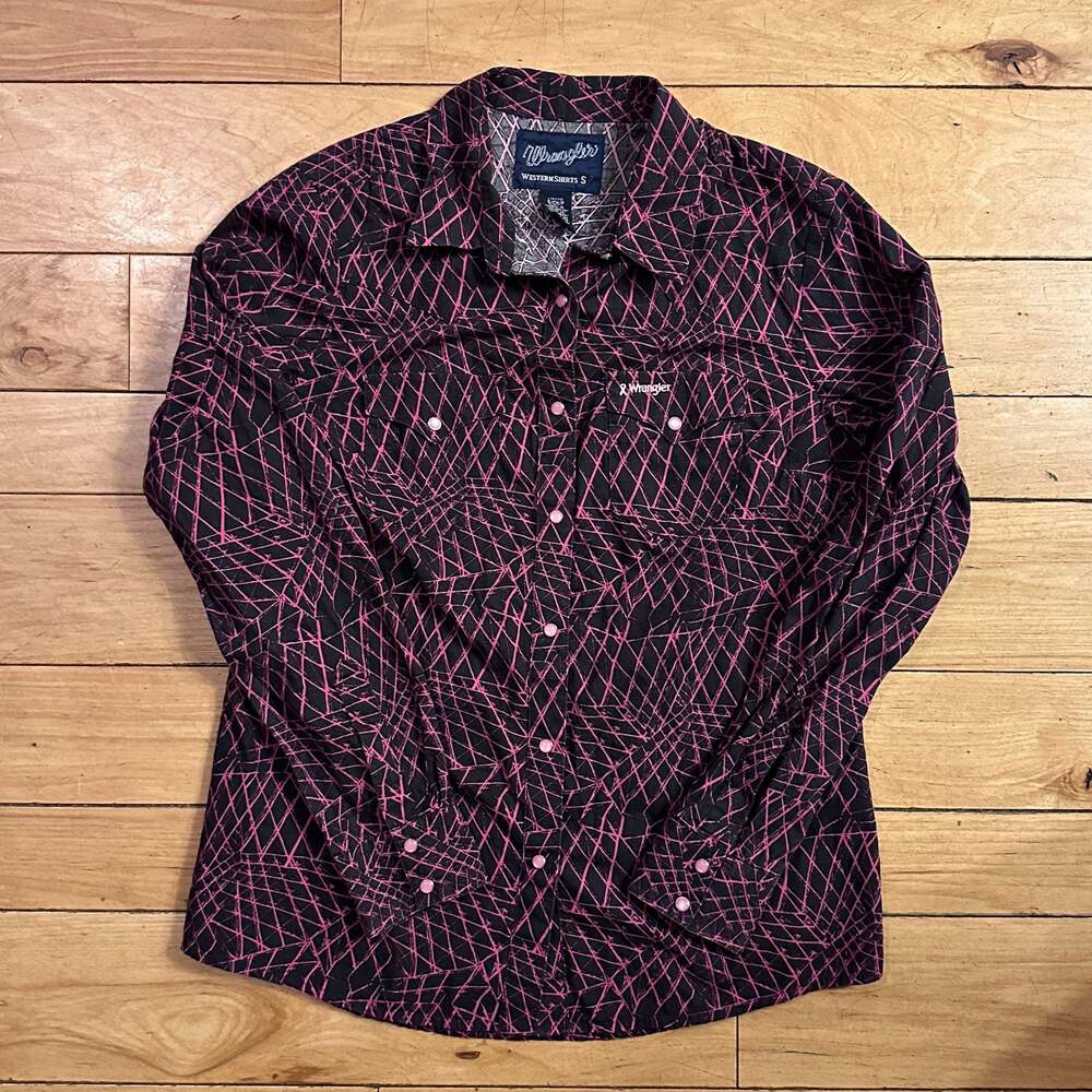 Wrangler Breast Cancer Awareness Pink Ribbon Geometric Print Western Snap Shirt